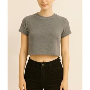 Anthropologie Fuzzy Crop Top – Soft Plush Knit Tee, Gray Cozy Texture, Size S